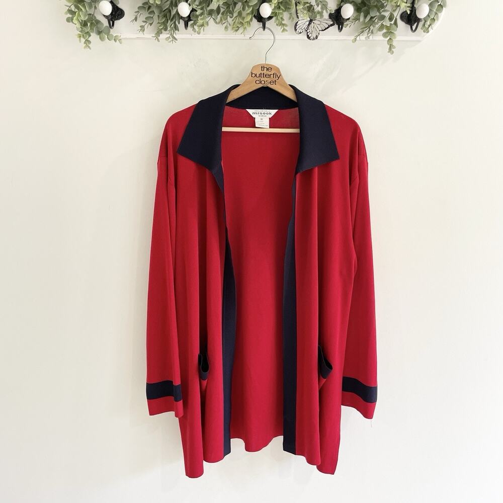 Misook Red And Blue Collared Long Sleeve Long Open Classic Cardigan Size 3X 6-49